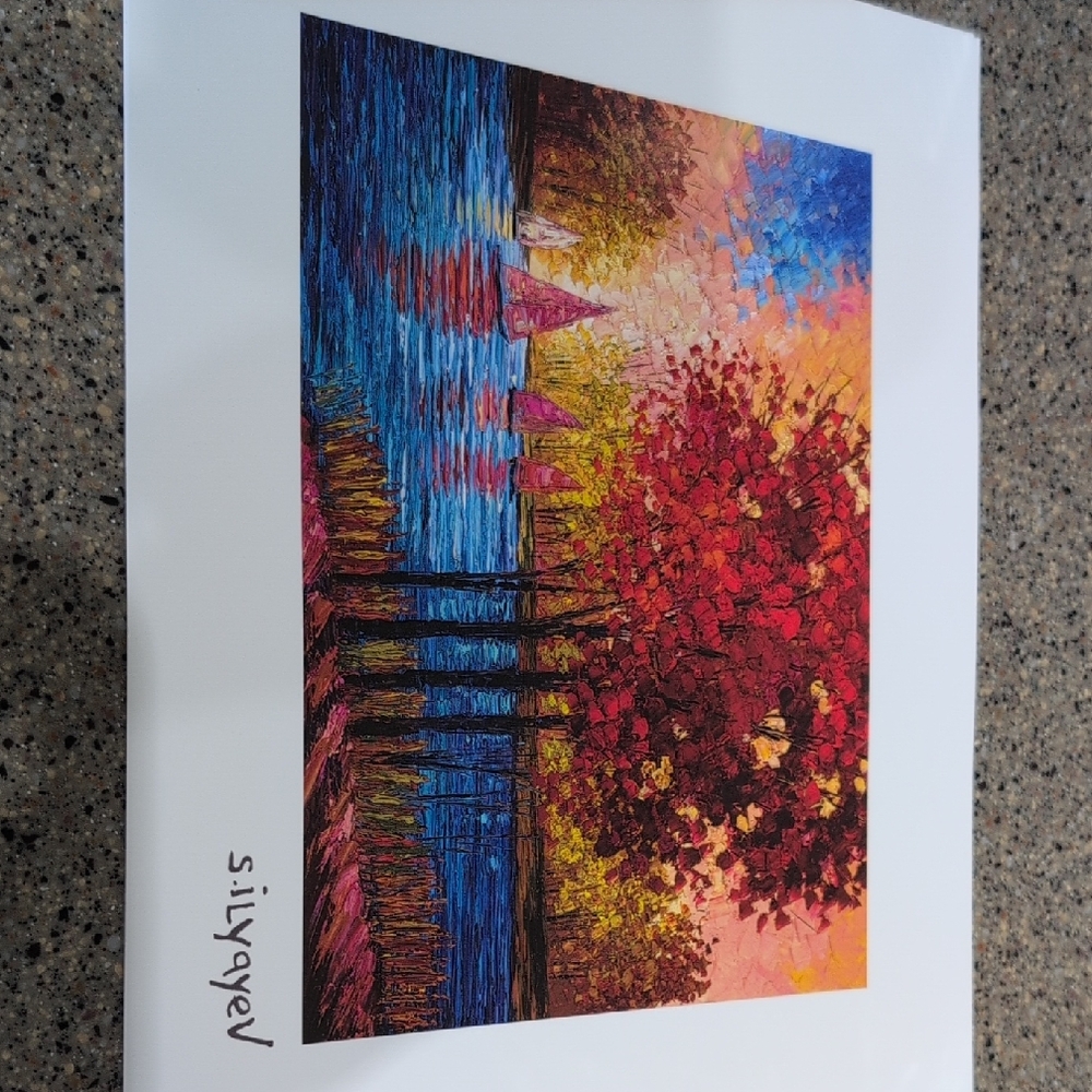 Slava Ilyayev Print Colorful Abstract Landscape Red, Blue, Yellow Appr 10" X 12"